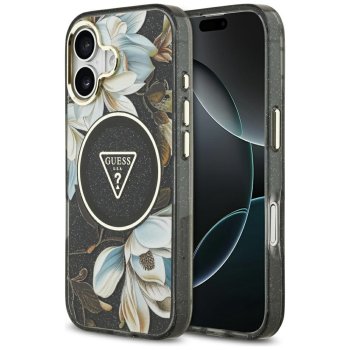 Guess IML Glitter Flowers Triangle MagSafe Phone Case Cover iPhone 17 - black