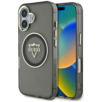 Guess IML Metal Mountain Logo MagSafe dėklas telefonui iPhone 16, juodas