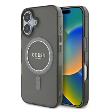 Guess dėklas iPhone 16 telefonui IML Glitter Circle MagSafe, juodas
