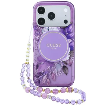 Guess IML Flowers Pearl Strap MagSafe case for iPhone 18 Pro / 17 Pro, purple