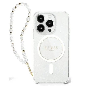 Guess dėklas iPhone 16 Plus telefonui IML Glitter su perlų dirželiu MagSafe, skaidrus