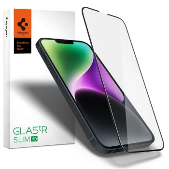 Apsauginis stiklas Spigen Glas.TR Slim FC, skirtas iPhone 13 / 14 / 16e, juodas