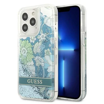Guess Flower Liquid Glitter dėklas iPhone 13 Pro / 13 žalias
