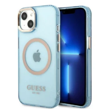 Guess Gold Outline Translucent MagSafe dėklas iPhone 13, mėlynas