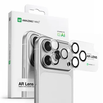 AmazingThing iPhone 17 Pro / 17 Pro Max kameros stiklas su juodu aliuminio rėmeliu
