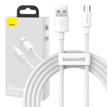 Baseus Simple Wisdom Micro USB laidų rinkinys, 2.1A, 1.5m, 2 vnt., baltas