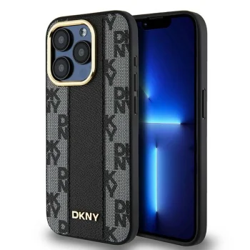 DKNY Leather Checkered Mono MagSafe dėklas iPhone 15 Pro Max telefonui, juodas