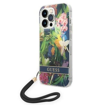 Guess Flower Strap dėklas iPhone 14 Pro telefonui su dirželiu, mėlynas