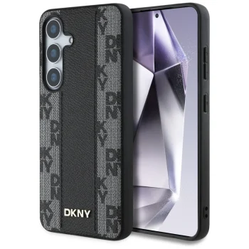 DKNY Leather Checkered Pattern MagSafe dėklas, skirtas Samsung Galaxy S25, juodas