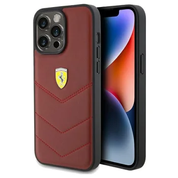 Ferrari Quilted Metal Logo odinis dėklas, skirtas iPhone 15 Pro Max, raudonas
