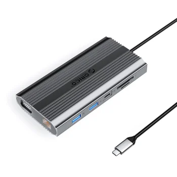 Orico XDR 12-in-1 USB-C doko stotelė, HDMI 4K, VGA, RJ45 Gigabit, PD 100W, pilka