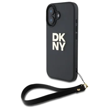 DKNY dėklas su riešo dirželiu iPhone 16 telefonui, juodas