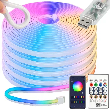 10 m RGB LED neoninė juosta su Bluetooth, pultu ir apsauga nuo drėgmės