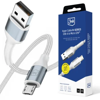 3mk Hyper Cable N-SERIES USB-A į Micro USB laidas 1m 12W, baltas
