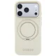 Guess Ring Stand 360 Grained Classic Logo MagSafe dėklas telefonui iPhone 18 Pro / 17 Pro, smėlio spalvos