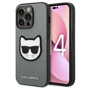 Karl Lagerfeld Saffiano Choupette Head Patch dėklas iPhone 14 Pro Max, sidabrinis