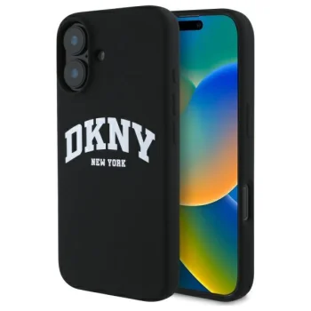 DKNY Silicone White Printed Logo MagSafe dėklas telefonui iPhone 16, juodas