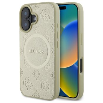 Guess Saffiano Peony Classic Logo MagSafe dėklas, skirtas iPhone 16, auksinis