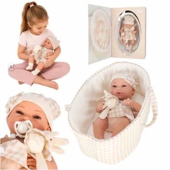 Lėlė kūdikis su nešiokle ir pliušiniu triušiu, 38 cm, smėlio spalvos