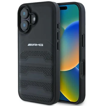 Mercedes-Benz iPhone 16 dėklas AMG Leather Debossed Lines, juodas