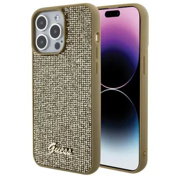 Guess dėklas iPhone 15 Pro Max telefonui Disco Metal Script, auksinis