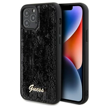 Guess dėklas iPhone 12 / 12 Pro telefonui Sequin Script Metal, juodas
