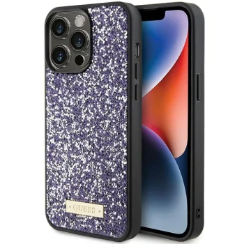 Guess dėklas iPhone 15 Pro Max telefonui Rhinestone Metal Logo, rožinis