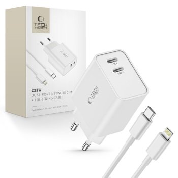 Tech-Protect C35W įkroviklis 2x USB-C PD 35W su USB-C - Lightning laidu, baltas