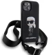 Karl Lagerfeld dėklas iPhone 15 telefonui su virvele Crossbody Silicone Ikonik, juodas