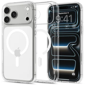 Dėklas Spigen Ultra Hybrid MagSafe, skirtas iPhone 18 Pro / 17 Pro, skaidrus ir baltas