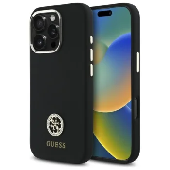 Guess Silicone Logo Strass 4G dėklas, skirtas iPhone 16 Pro, juodas (GUHCP16LM4DGPK)