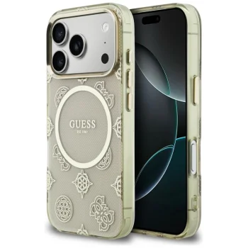 Guess IML Peony Dot MagSafe dėklas iPhone 17 Pro telefonui, smėlio spalvos
