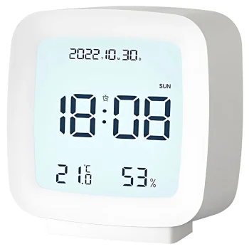 Skaitmeninis LCD žadintuvas su termometru ir higrometru, baltas
