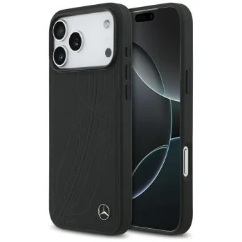 Mercedes dėklas iPhone 17 Pro Max telefonui Leather Large Laurel Leave MagSafe, juodas