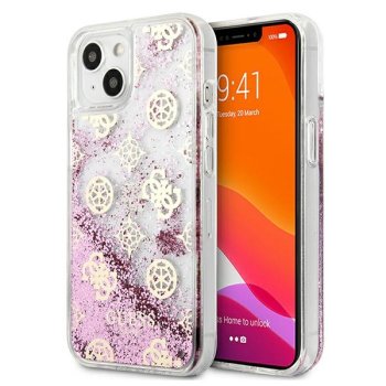 Dėklas Guess iPhone 13 mini Peony Liquid Glitter, rožinis