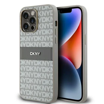 DKNY dėklas iPhone 14 Pro Max telefonui Mono Stripe & Metal Logo, smėlio spalvos