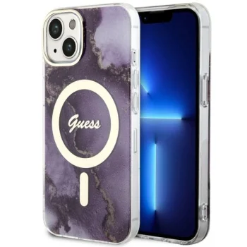 Guess iPhone 14 Case Golden Marble MagSafe, Purple