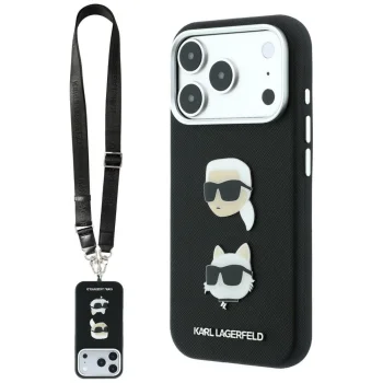 Karl Lagerfeld Saffiano Karl&Choupette dėklas iPhone 18 Pro / 17 Pro su dirželiu, juodas