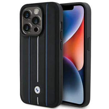 BMW Leather Stamp Blue Line dėklas telefonui iPhone 15 Pro Max 6.7", Black