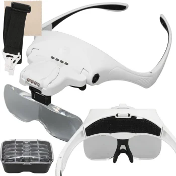 Headband Magnifier Glasses with 4 LED Light and 5 Lenses (1x-3.5x), White