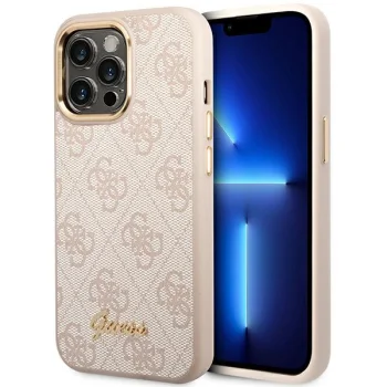 Guess dėklas iPhone 14 Pro telefonui 4G Vintage Gold Logo, rožinis