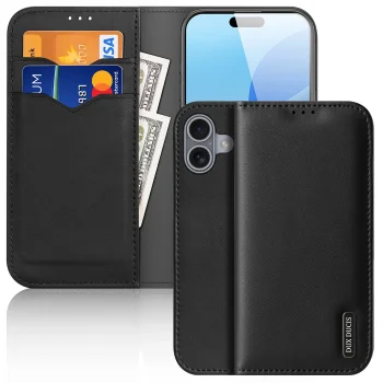 Apple iPhone 16 6.1'' Dux Ducis Hivo Genuine Leather Book Case Cover, Black
