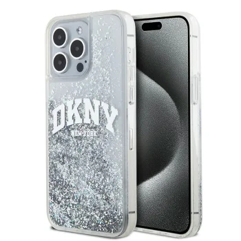 DKNY Liquid Glitters Arch Logo dėklas, skirtas iPhone 15 Pro Max, baltas