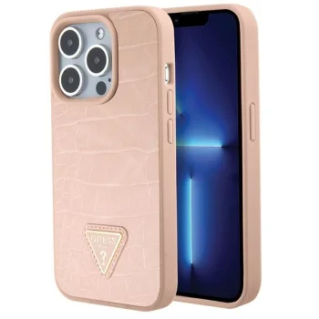 Guess Croco Triangle Metal Logo dėklas, skirtas iPhone 15 Pro 6.1", rožinis
