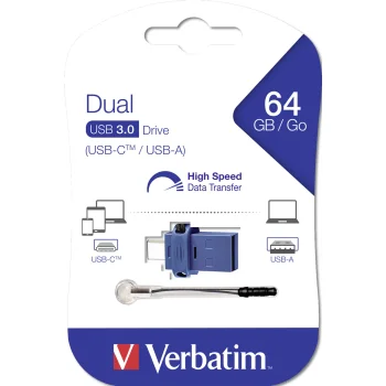 USB atmintinė Verbatim Store 'n' Go Dual Drive 64 GB, USB 3.0 ir USB-C, mėlyna / juoda