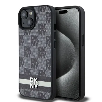 DKNY dėklas iPhone 15 / 14 / 13 modeliams Leather Checkered Mono Pattern, juodas