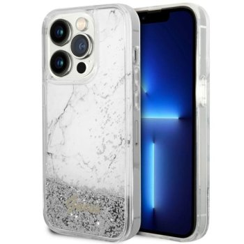 Guess iPhone 14 Pro dėklas Liquid Glitter Marble, baltas