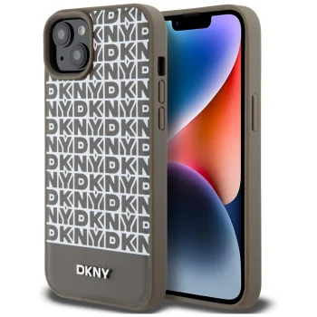 DKNY dėklas iPhone 15 telefonui Leather Printed Pattern MagSafe, rudas
