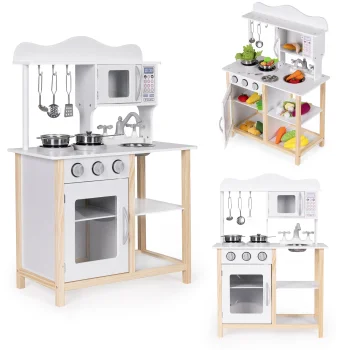 Ecotoys medinė vaikiška virtuvėlė su orkaite ir priedais, balta