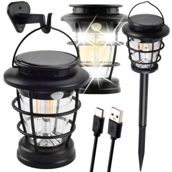 LED Solar Camping and Garden Lantern with Motion and Dusk Sensor, USB, Black